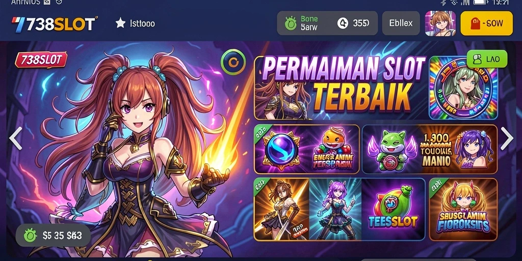 Screenshot gameplay menampilkan karakter anime yang menghibur dalam 738SLOT.