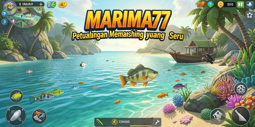 Screenshot gameplay MARIMA77 menampilkan aksi memancing yang mengesankan.