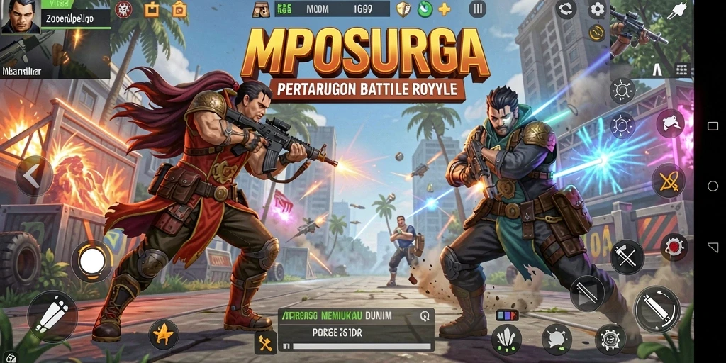 Screenshot gameplay MPOSURGA yang menampilkan pertempuran intens